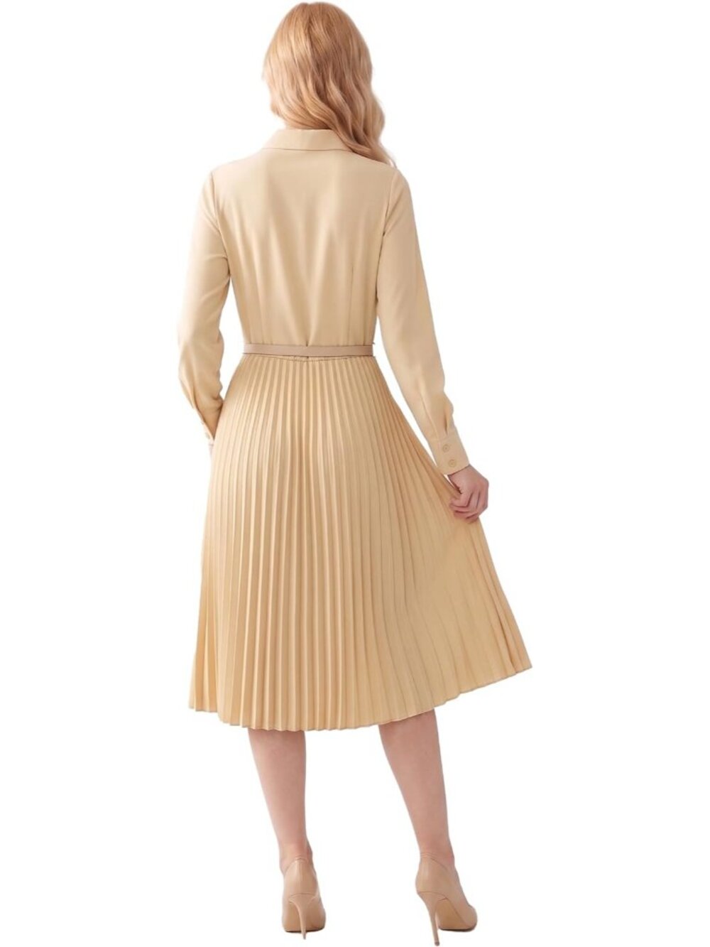 🆕Women's Cream Work Dress with Belt Business Casual Midi Shirt Long Sleeve - Picture 4 of 5